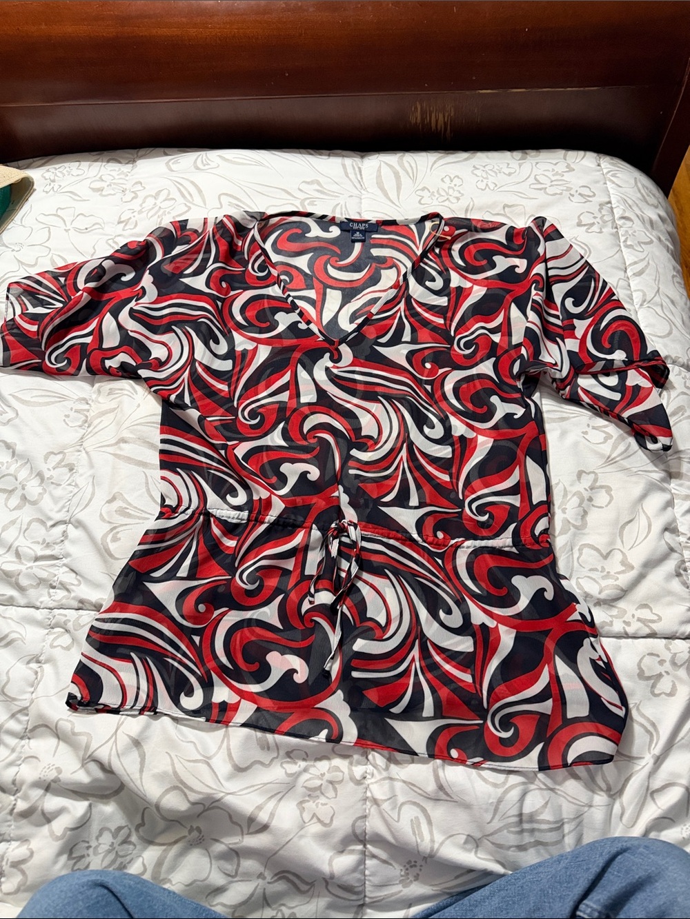 Chaps Red Black White Swirl V-Neck Tie-Waist Blouse